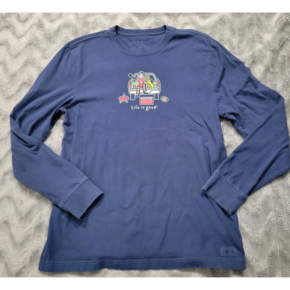 Life Is Good Vintage Mens M Football Dog Tailgate Party Blue Long Sleeve Shirt